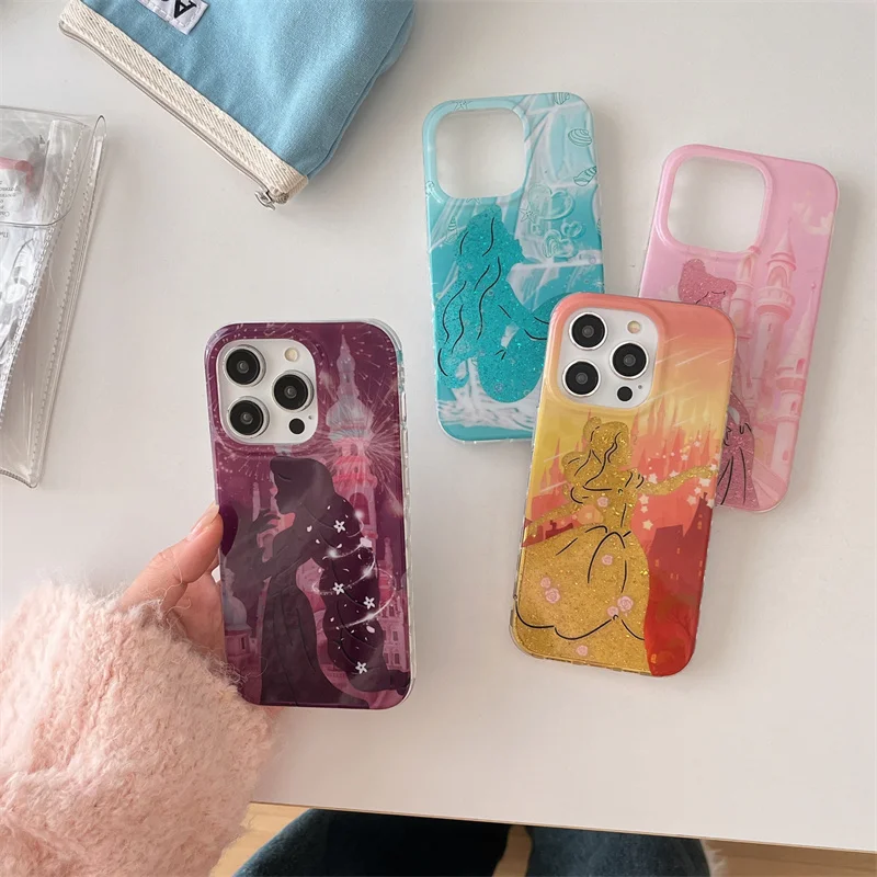 Disney Cartoon Cute Castle Cinderella Mermaid Princess Bling Glitter Phone Case For iPhone 13 14 15 16Pro Max Lovely Back Cover