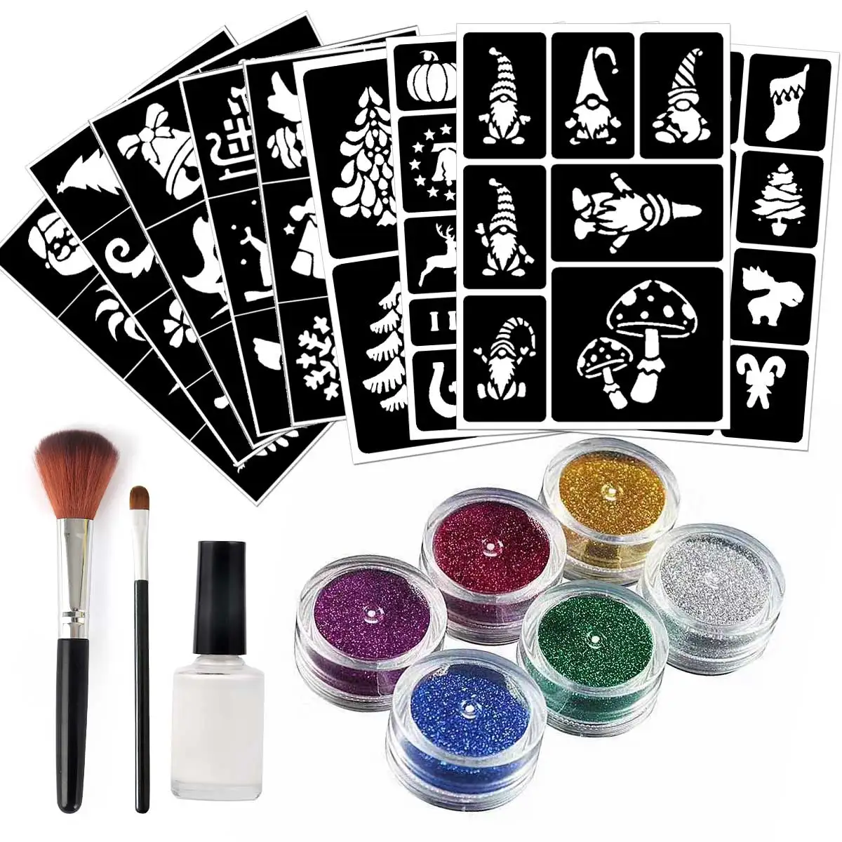 Temporary Glitter Tattoo Kit - 6 Bottles of Metallic Glitter Colors with 10 Free Designs of Various Patterns, Hollow Tattoo Templates for DIY Glitter Tattoos, Unique Tattoo Kit Box, 2 Brushes + 1 Bottle of Body Paint, 1 Instruction Manual, Long-Lasting, Can Be Used on Face, Body, Arm, Neck, Art, Masquerade, Homecoming Party, Christmas Theme, Etc. Gift Box Set