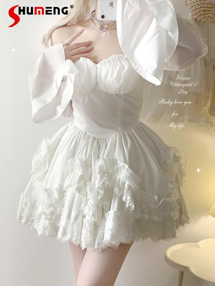 Mini vestido branco lolita para mulheres, mangas de renda com babados em camadas, top de cintura alta, vestido curto sem alças para meninas, japonês