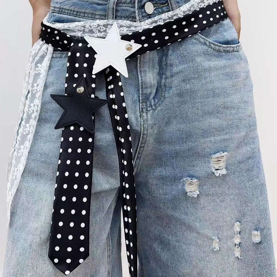 Fashion Dot Jacquard Scarf Belt Trendy Edgy High-End Long Waist Accessory with Retro Star Decoration