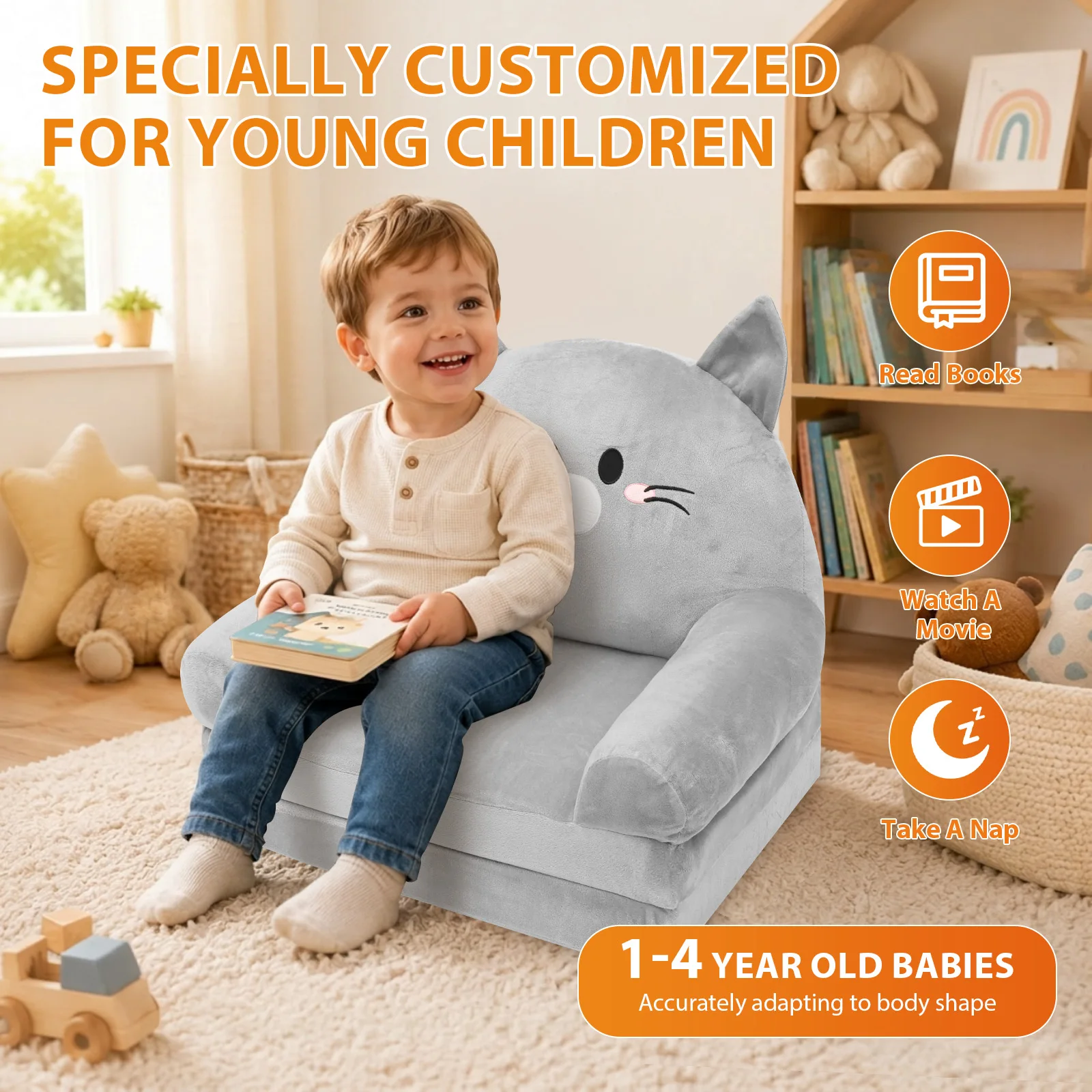 Foldable Kids Sofa Baby Seat Chair Foam Filled Toddler Sleeping Couch Reading Armchair for Reading Relaxing Nursery Bedroom