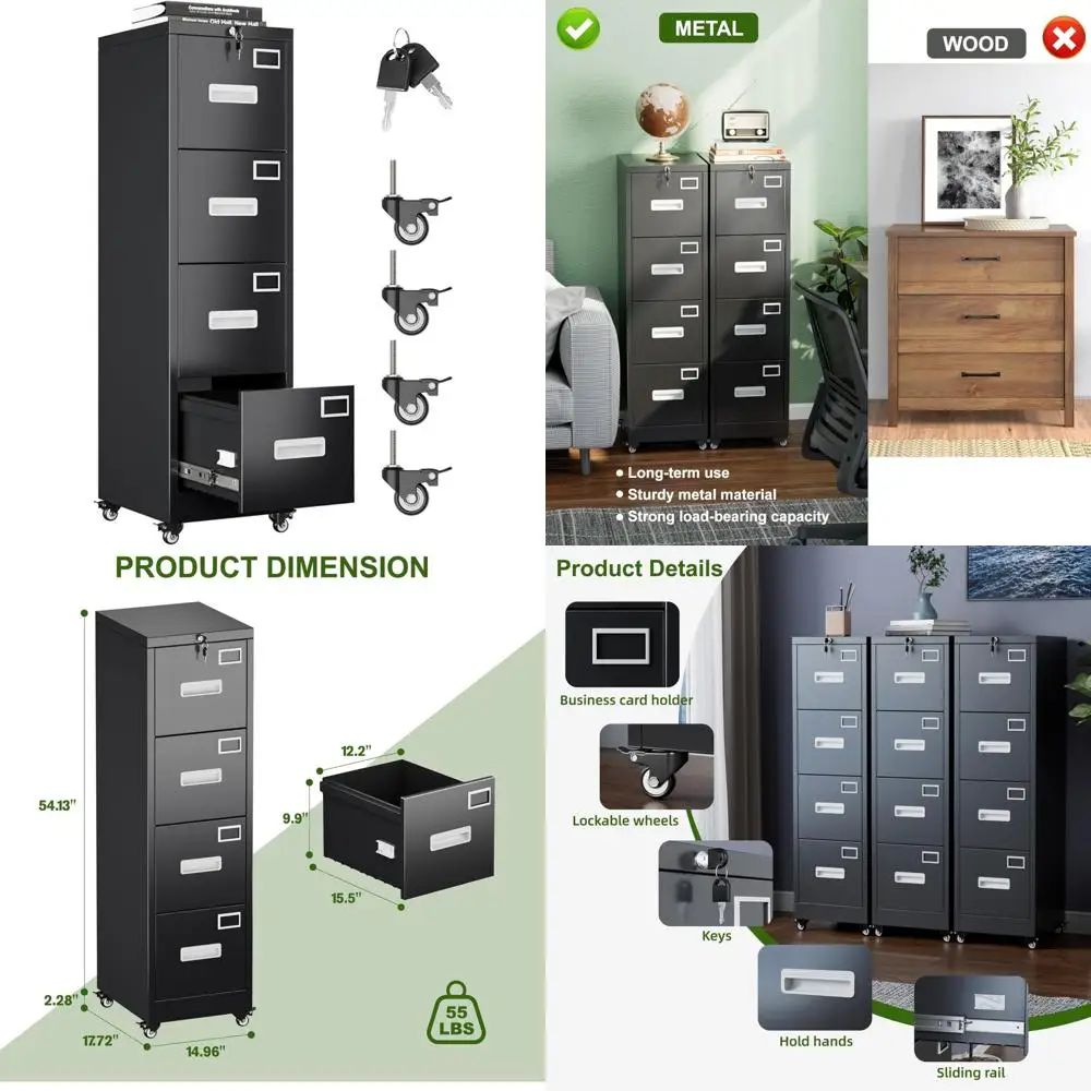 خزانة ملفات ذات 4 أدراج من Aobabo مع عجلات، خزانة ملفات معدنية قابلة للقفل مع بطاقة اسم للمكتب والمنزل، تتطلب التجميع، Bla
