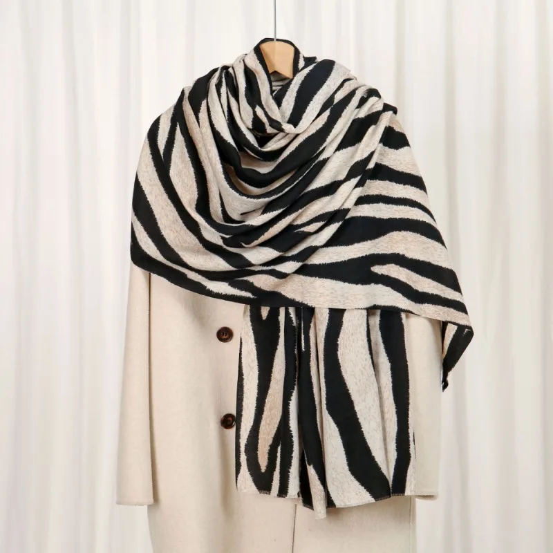 Unisex Zebra Print Cashmere Feel Scarf Autumn Winter Soft Warm Versatile Shawl Casual Neck Wrap