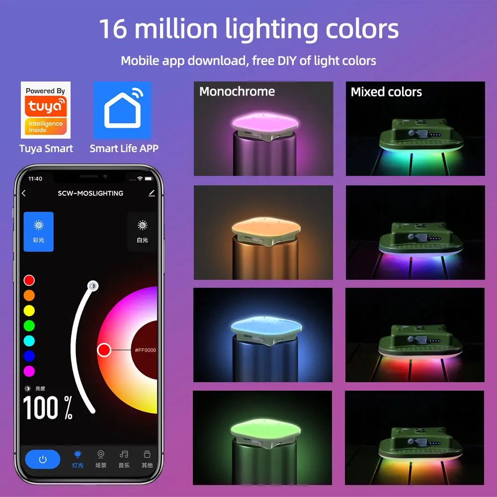 Linterna de Camping recargable por USB, luz LED RGB inteligente, Bluetooth, Control por aplicación Tuya, sincronización de música, iluminación