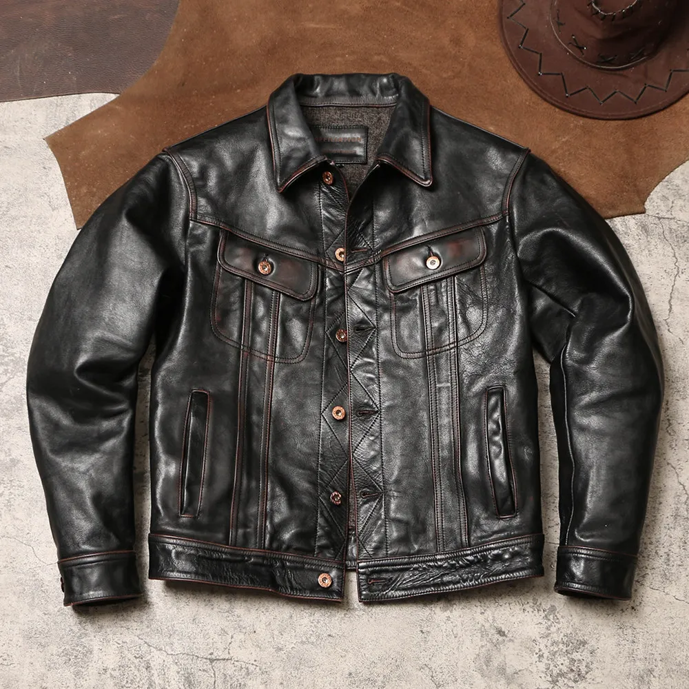 Men Lapel Genuine Leather Coat, Storm Rider Workwear Jacket Vintage Distressed Hard Tea Core Cowhide Outerwear