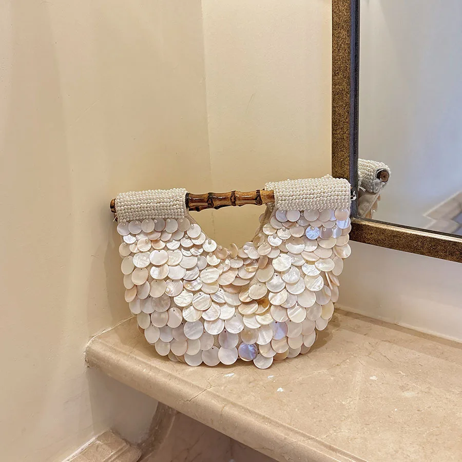 Handmade Beaded Bamboo Handle Handbag French Fashion Elegant Luxurious Design Vacation Natural Shell Tassel Women's Clutch Bag