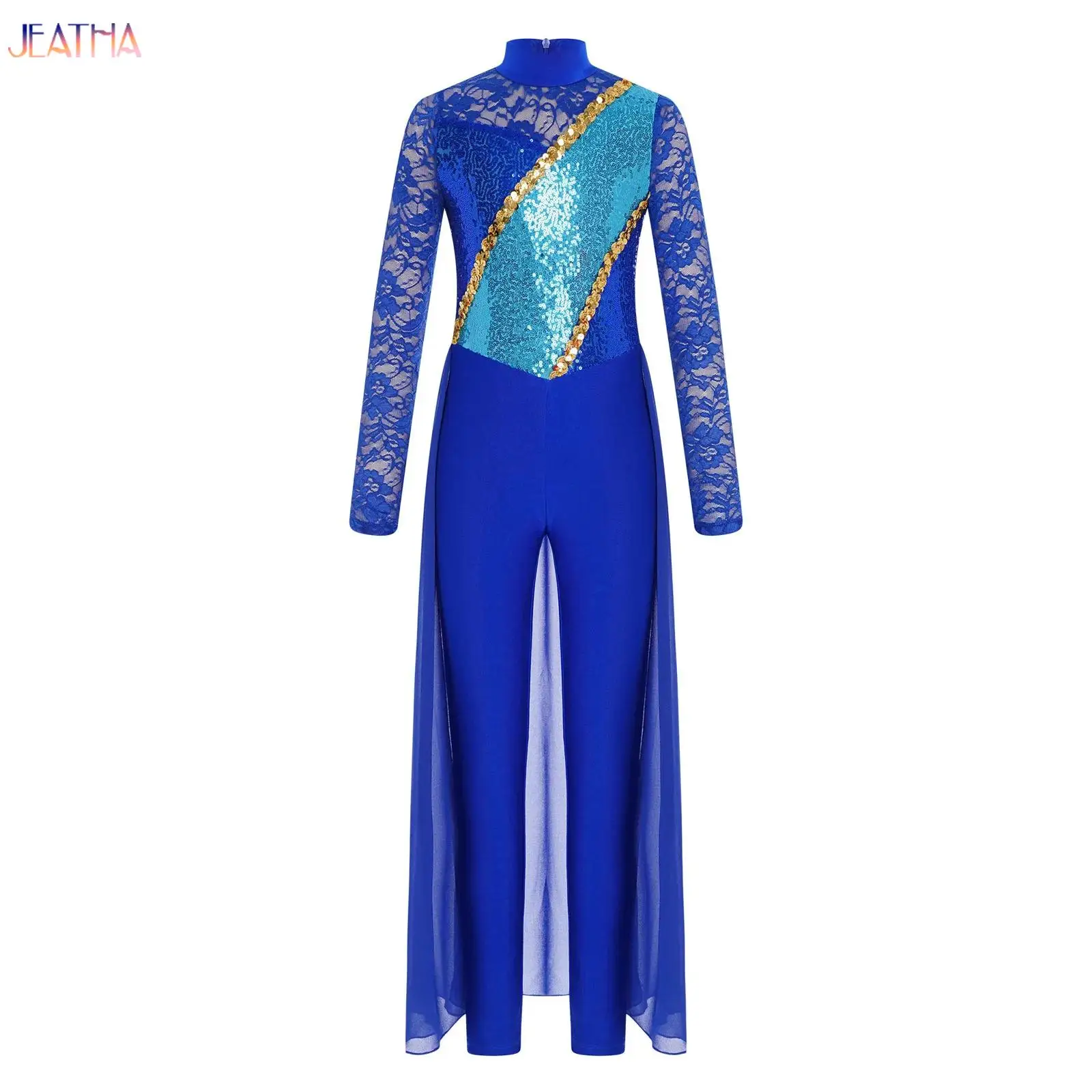 

Kids Girls Gymnastics Figure Skating Lyrical Dance Jumpsuit Dress Sheer Floral Lace Long Sleeve Sequins Chiffon Skirted Unitard
