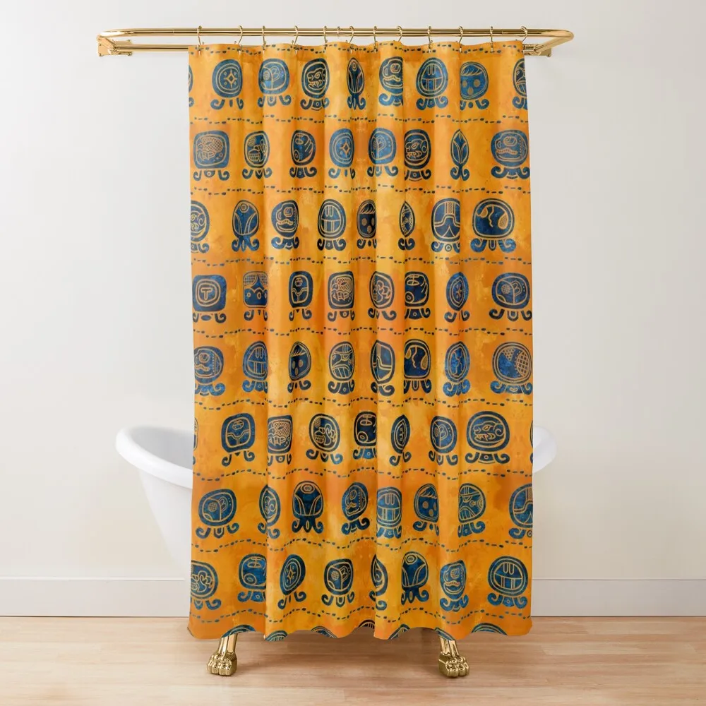 

Maya Calendar Glyphs pattern orange and blue Shower Curtain Luxury Bathroom Shower Waterproof Bathroom Shower Curtain