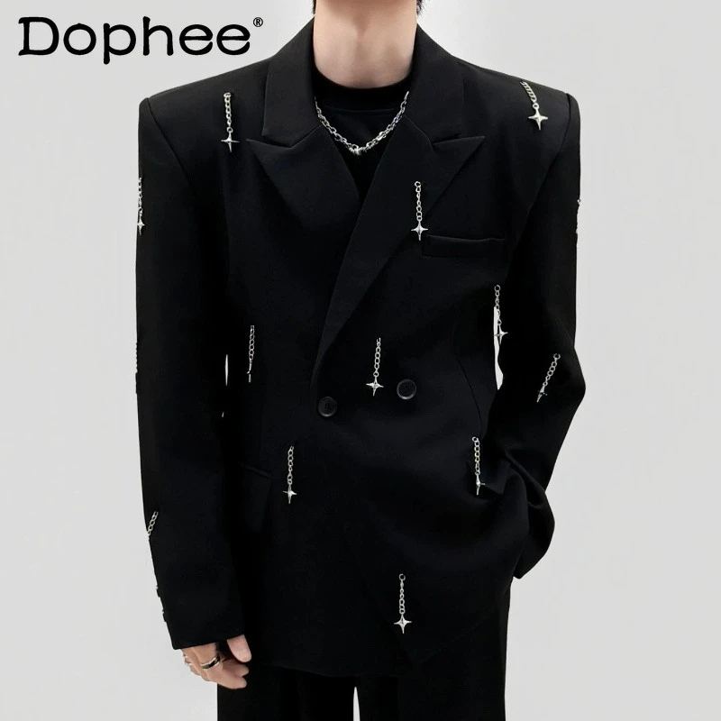 

Trendy Men's Suit Jackets Men's 2026 Summer New High-end Loose Tassel Chain Long Sleeve Chic Tailored Coats Light Luxury Blazers