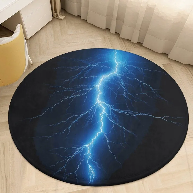 Blue Lightning Abstract Round Carpet Circular Floor Accent Mat Indoor Home Floor Modern Floor Throw for Game Room Decor