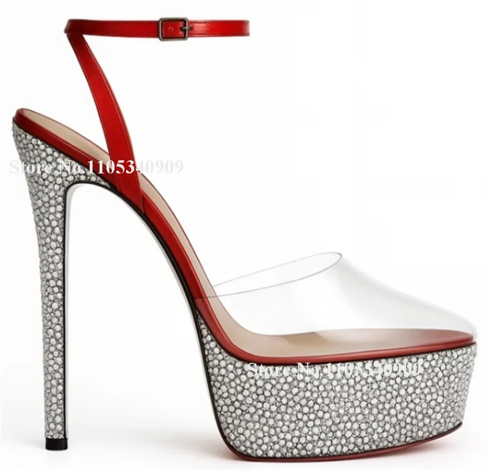 

Bondarenko Bling Bling Rhinestones PVC Patchwork Stiletto Heel Dance Shoes Transparent Crystals Red Silver High Platform Pumps