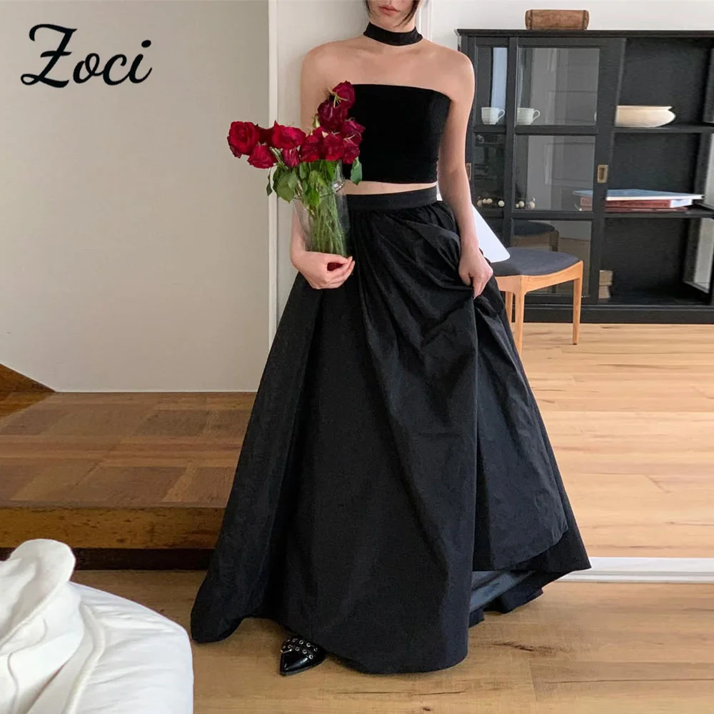 

Zoci Modern 2 Pcs Black Korea Evening Dresses Strapless Top Taffeta Photos Shoot Dress Customized Backless Bride Party Gown