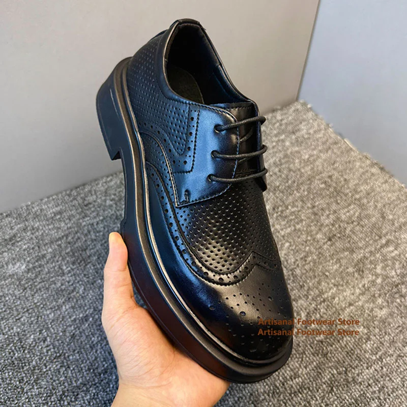 Breathable Hollow Out Brogue Derby Shoes Black Perforated Leather Lace Up Thick Sole Height Increase Business Casual Dress Shoes
