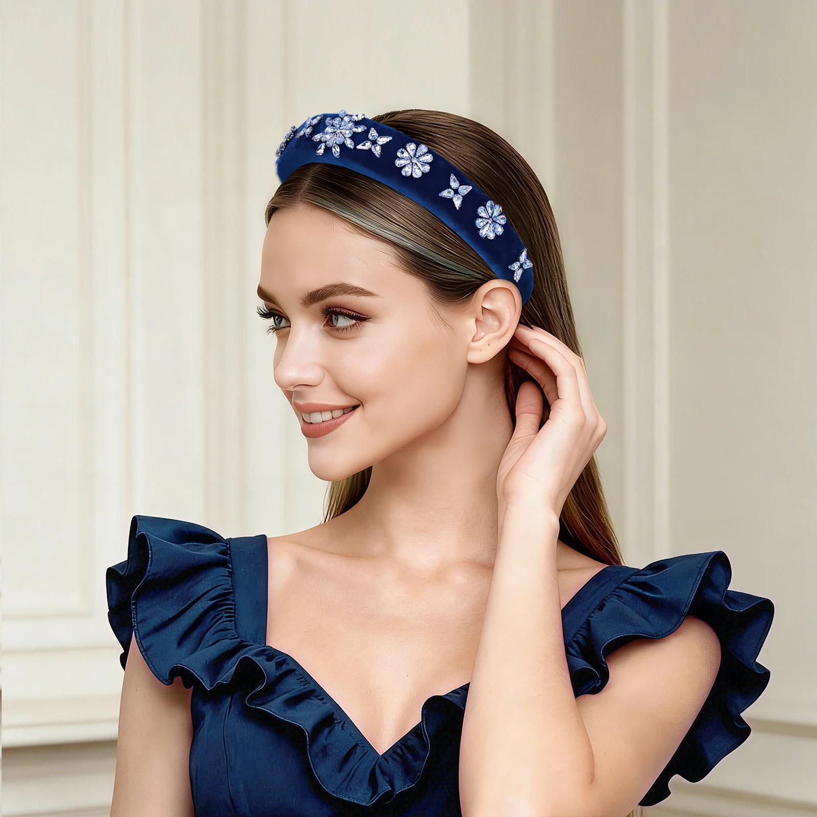 

Повязка на голову в винтажном стиле темно-синего цвета со стразами, элегантный женский аксессуар для волос для танцев и банкетов, праздничный подарок SA103