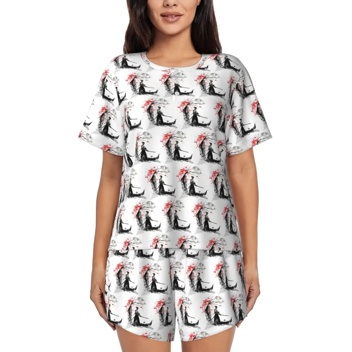 

Japanese Samurai Round Neck Short Sleeves Nightdress for Sleeping Sleepshirts Women Loose Pajama Set Short Pants