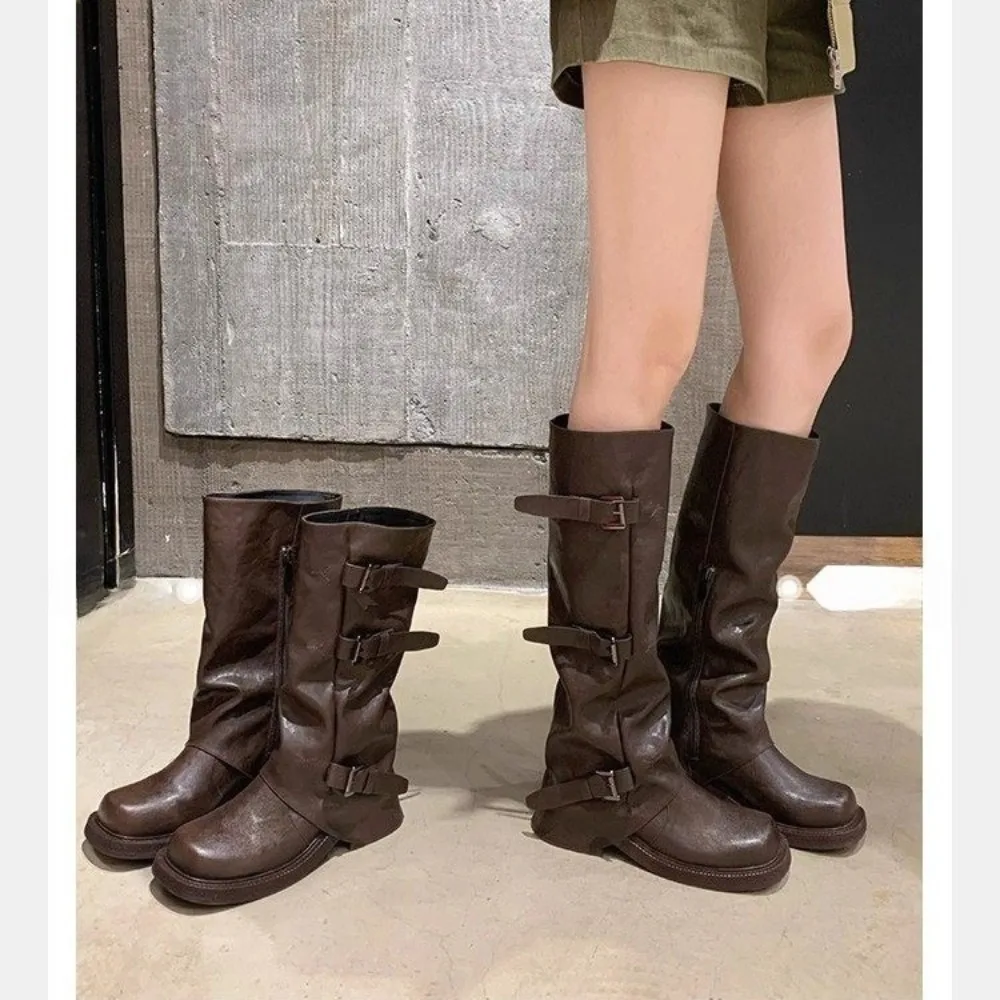 

Плиссированные высокие сапоги на платформе и массивном каблуке для женщин, однотонная дизайнерская обувь с пряжкой на ремне, женские осенне-зимние кожаные сапоги Mujer