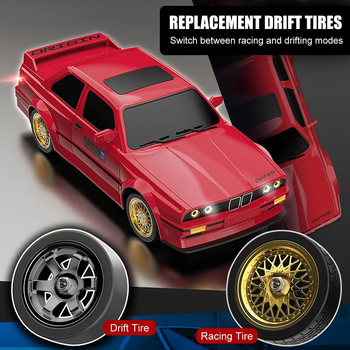 High-Speed 1:16 Scale 4WD RC Drift Car for Kids and Adults - 30KM/H 2.4Ghz RTR Racing Vehicle with LED Lights, Remote Control, Two Batteries, and Drift Tires Included - Sport Toy Gift for Boys Girls view 4
