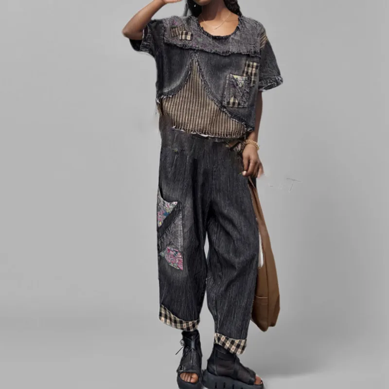 WTHT Vintage Fashion Women's Irregular Patchwork Denim Short Sleeve T-shirt Elastic Waist Harem Pants Female 2025 Summer 1LS1993