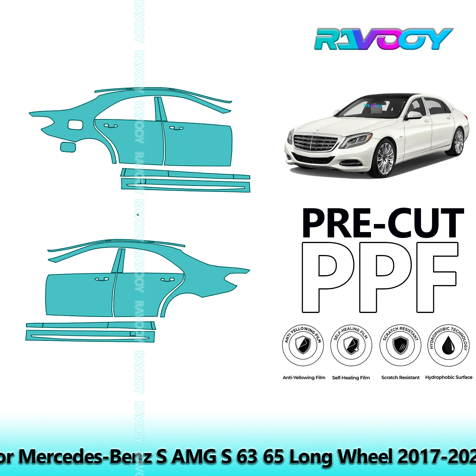 

For Mercedes-Benz S AMG S 63 65 Long Wheel 2017-2020 8.5mil Pre-Cut PPF Door & A/B Pillar Kit TPU Paint Protection Film Set