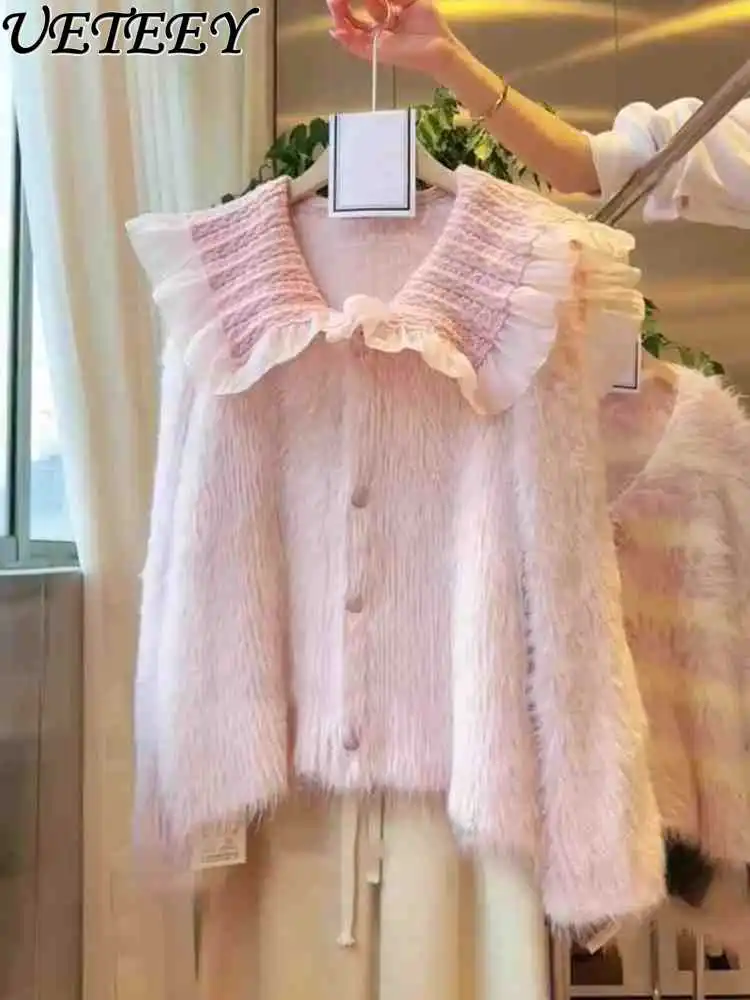 Autumn and Winter Sweet Girls Doll Neck Cardigan Imitation Mink Knitted Sweater Single Breasted Buckle Short Jacket for Women