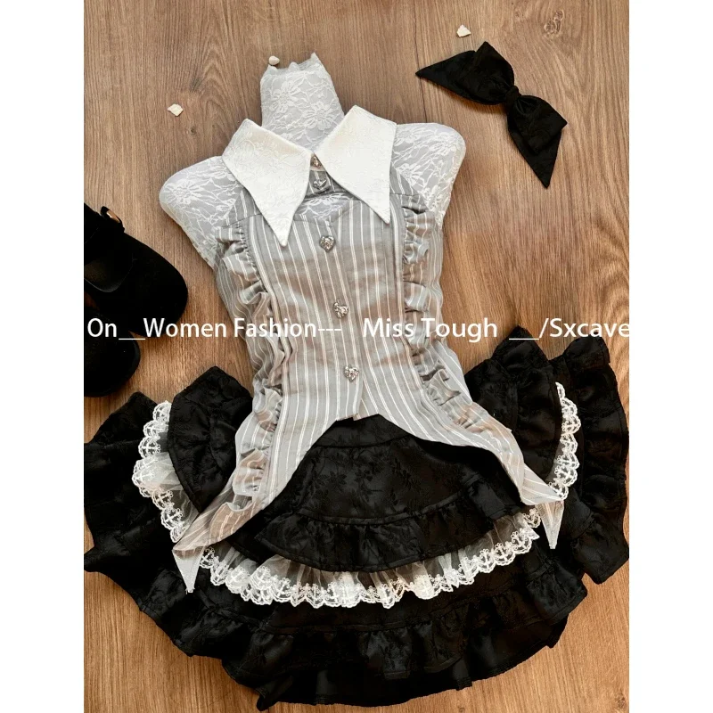 3 Piece Sets Autumn Evening Party Clothing Chic Korean New Lolita Vintage Suits Women Black Bodycon Blouse + Lace Skirts Women