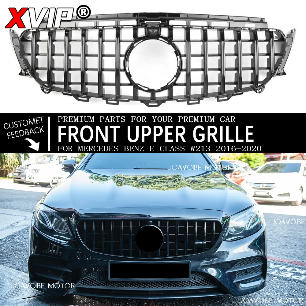 XVIP Glänzend Schwarz GTR Stil Racing Grille Oberer Grill Für Mercedes Benz E-Klasse W213 16-20 E250 E300 E350 E400 E43 AMG E450 E550
