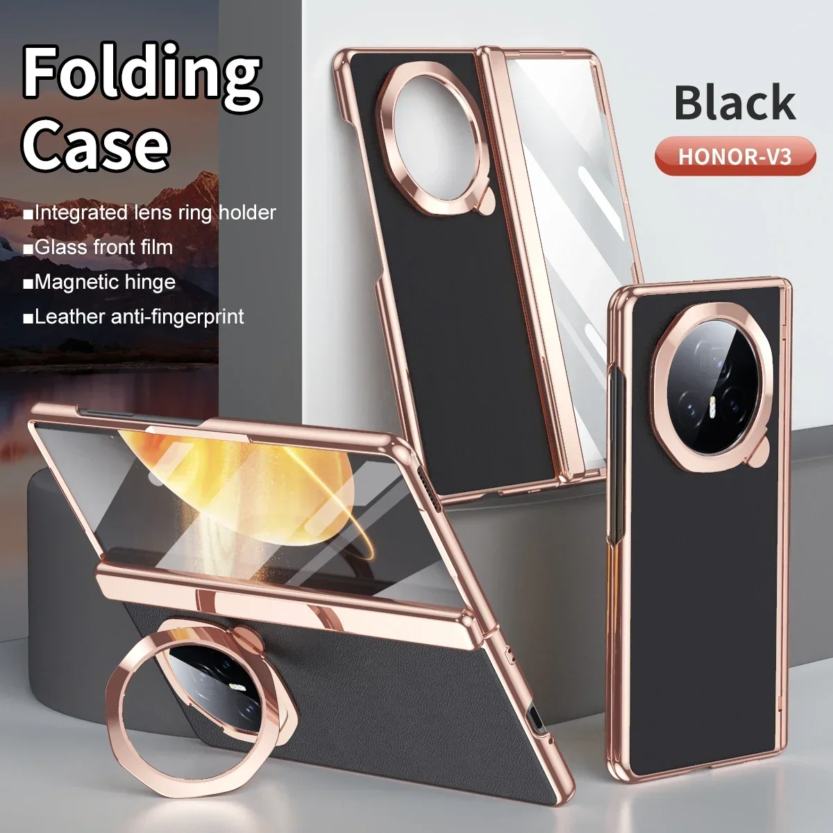 

For HUAWEI Honor Magic V3 5G Luxury Electroplated Plain Leather Lens Holder Case With Tempered Film Hard Hinge Protection Cover