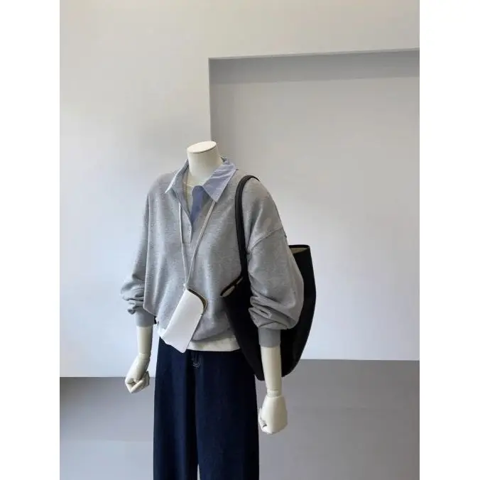 

Color Blo Ne Fake Two-Piece Sweatirt Women's Loose Slimming Sli Top for Autumn Winter New Design Special