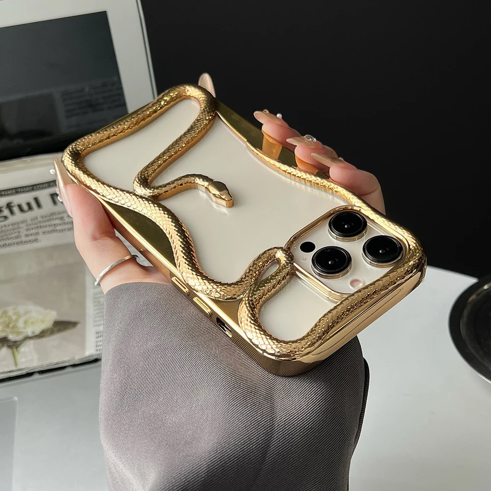 Luxury 3D Snake Hollow Dissipate Heat Phone Case For iPhone 16 15 14 13 12 11 Pro Max Shockproof Electroplated Soft Cover