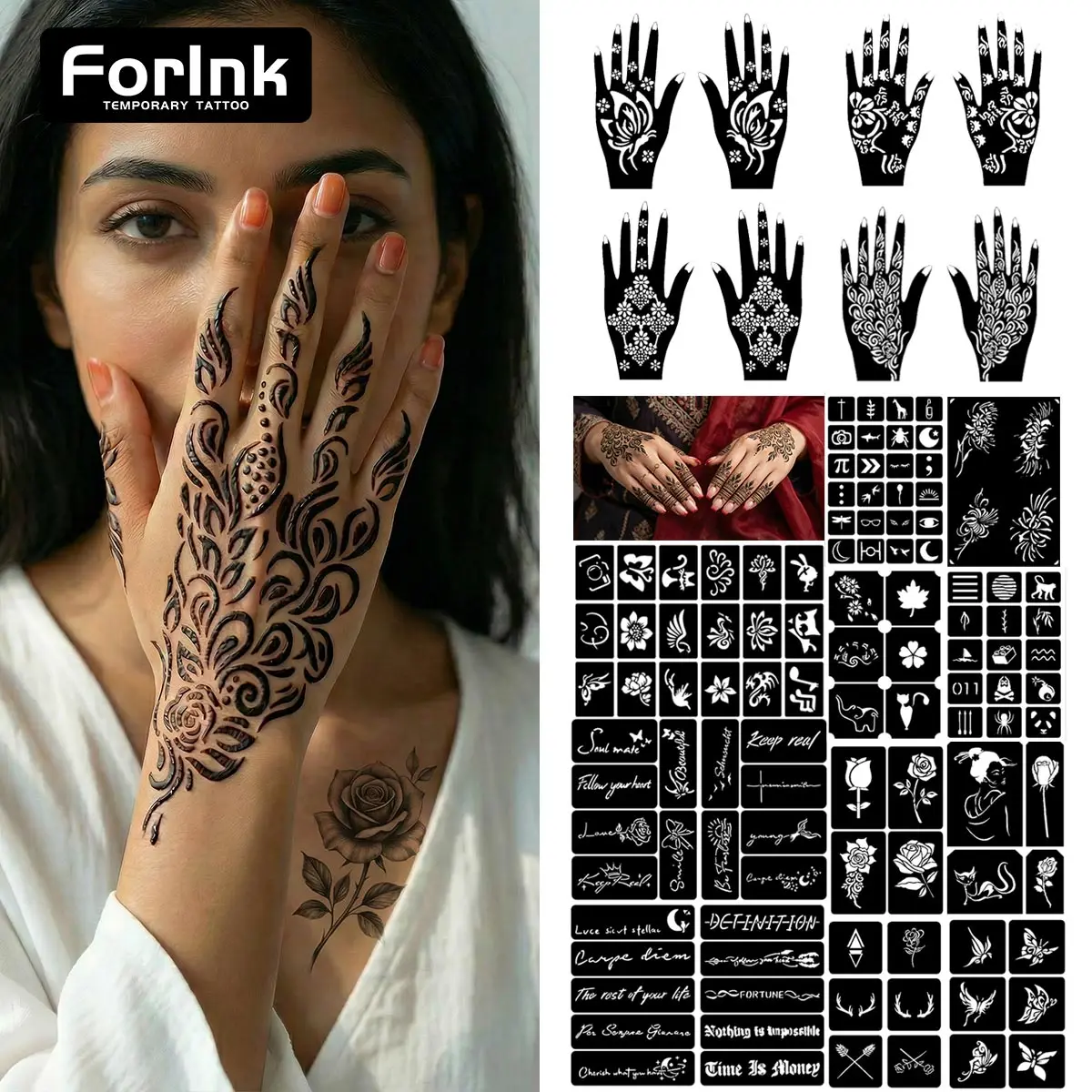 Temporary Tattoo Stencils Set - 22 Sheets Templates For Hand Nail Arm and Body Art,  Music Festival, New Year, Ramadan Festival