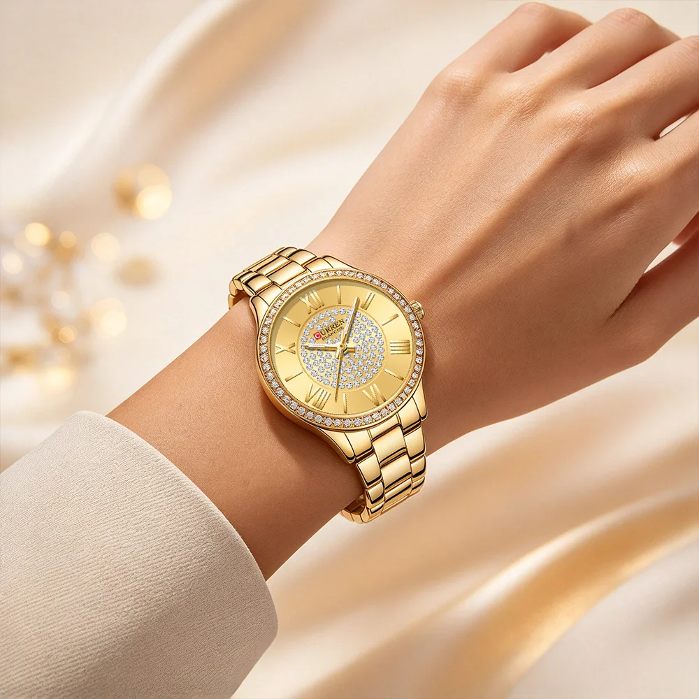 CURREN 9084 Elegant Luxury Quartz Watch Rhinestone Bezel and Dial Roman Numerals Luminous Hands Stainless Steel Bracelet