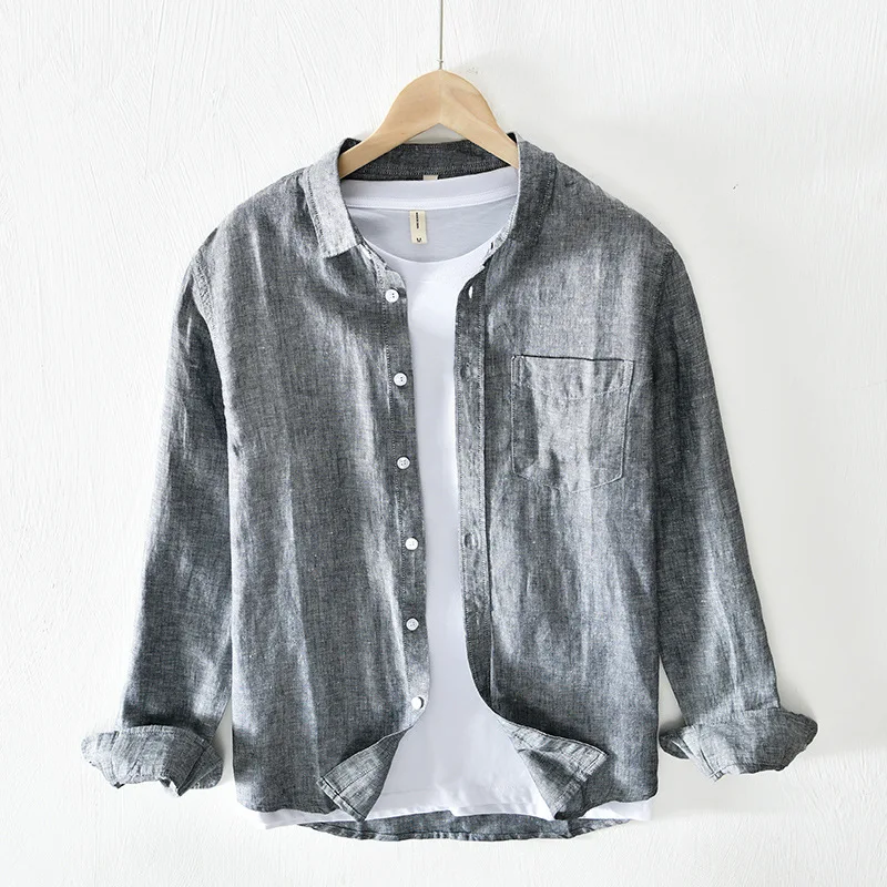 

Linen Cotton irt Men's Long Sve Spring Autumn Lightweight Breathable Casual irt Japanese Trendy Brand High End Men's Wear