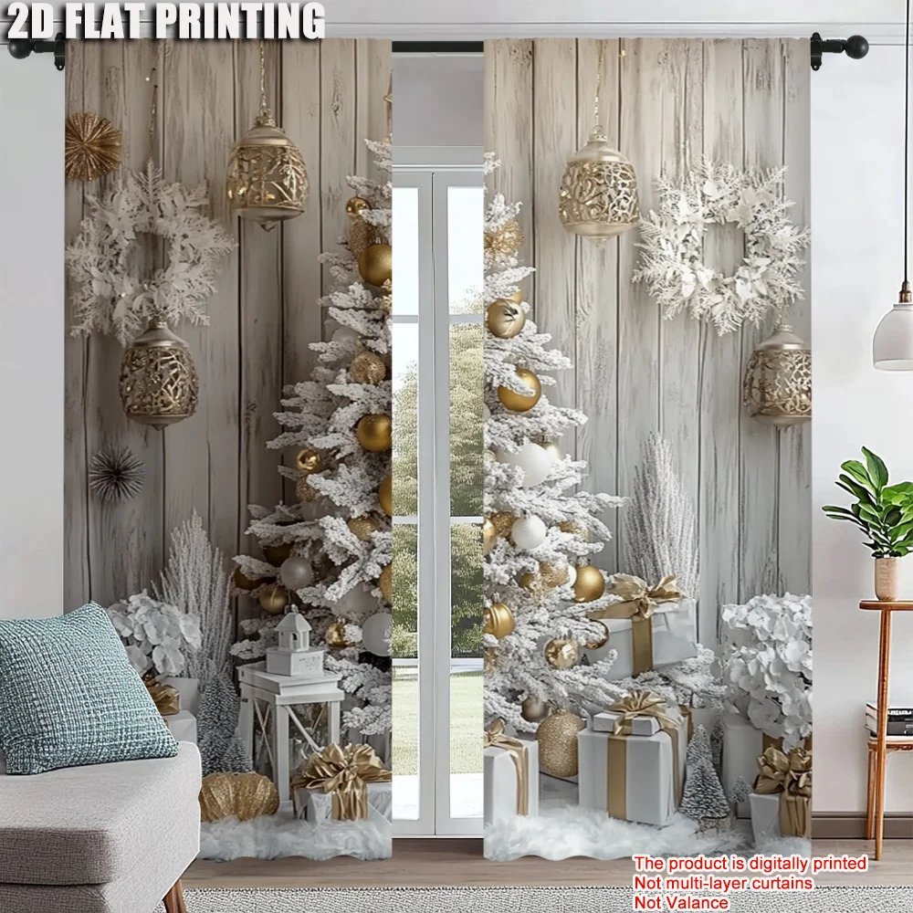 

2Pcs Classic Christmas Tree And Snowflake Print Curtains Polyester Rod Hole Washable Drapes For Various Room Elegant