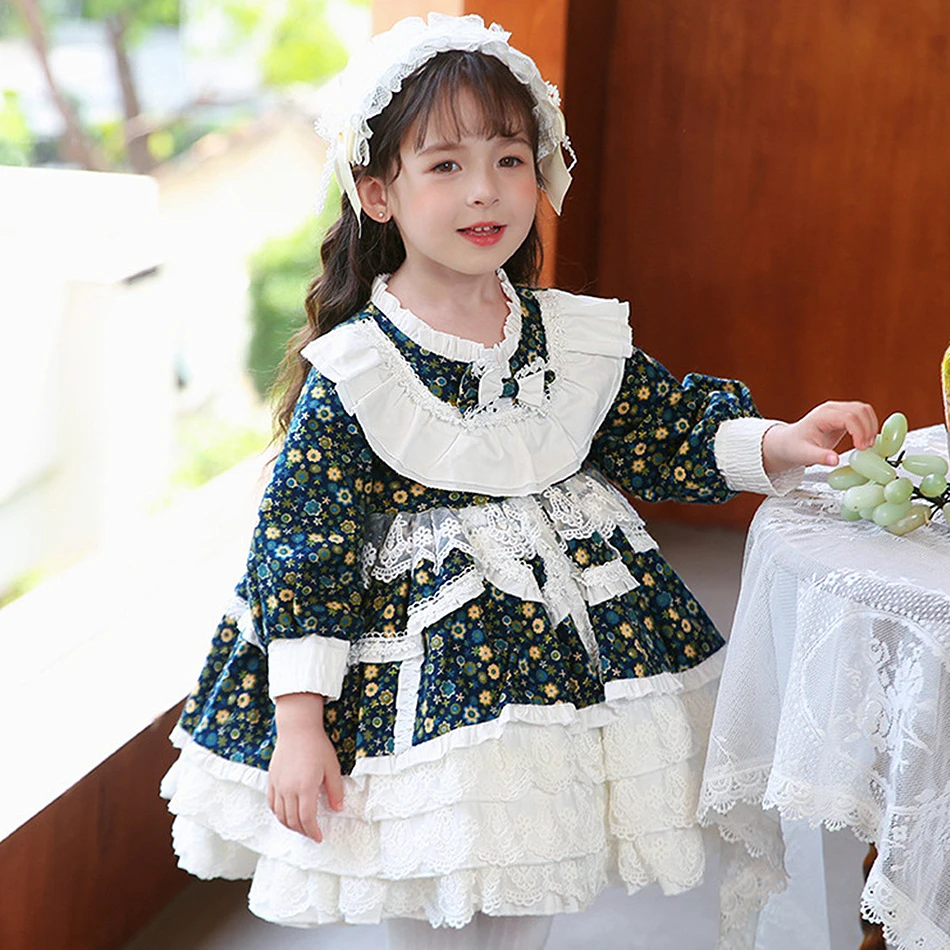 Baby Girl Lolita Princess Dress Children Autumn Floral Lace Deluxe Long Sleeved Frocks Kids Birthday Carnival Party Clothes