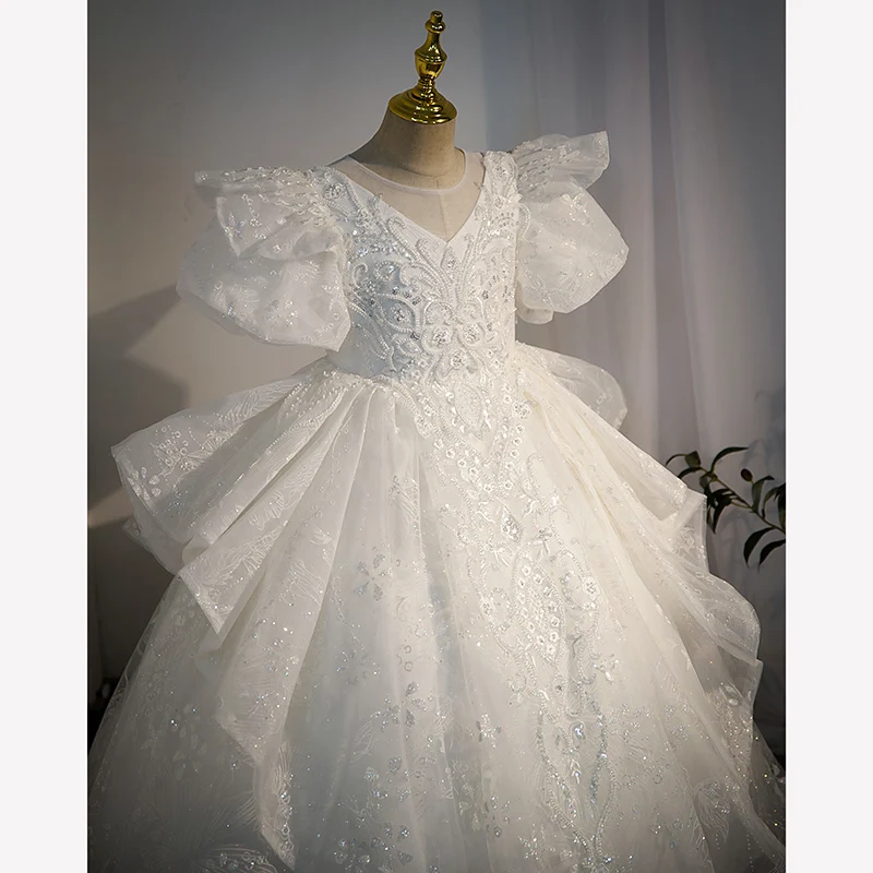 4-12y crianças vestido de tule branco meninas o-pescoço puff manga lantejoulas vestidos de festa de casamento crianças andar de comprimento primeiro comunhão vestido