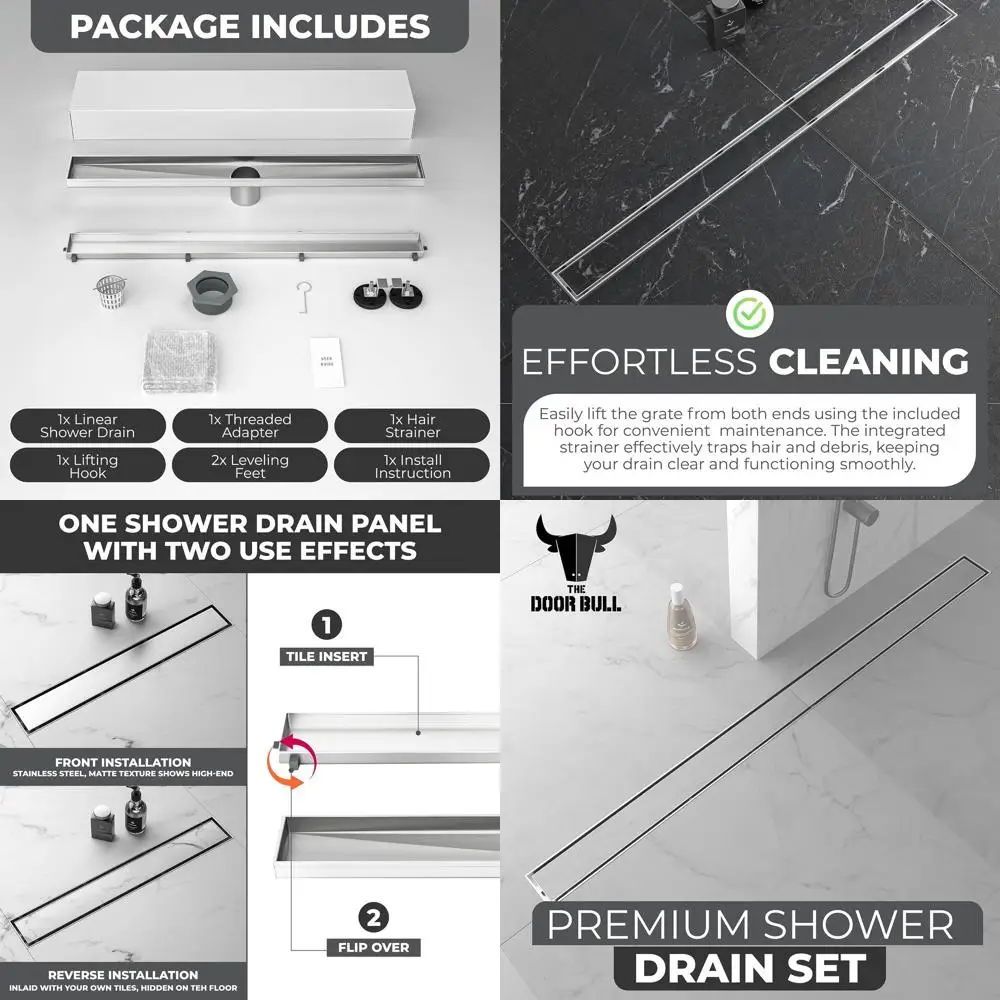 

Прямоугольный душевой трап 36x36 см с реверсивной крышкой, нержавеющая сталь 304, регулируемые ножки и уловитель волос