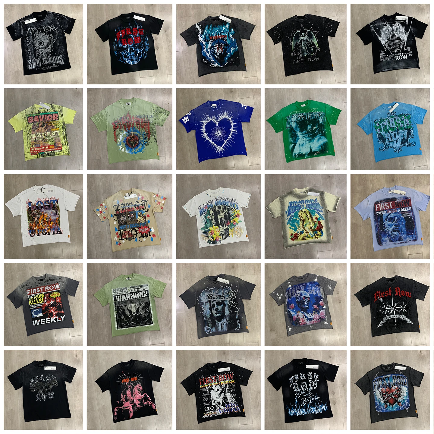 First Row High Street Fashionable Short Sleeve T-Shirt with Rhinestone Print Unisex Loose Casual Top Quality American Retro