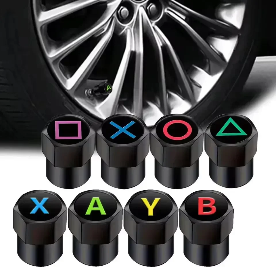 4Pcs Aluminum Tire Valve Stem Caps, Game Button XYAB Symbol Dustproof Wheel Air Caps, Auto Styling Accessories