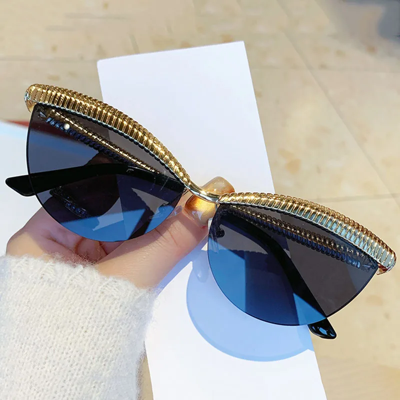 Vintage Y2K Big Half Frame Cat Eye Sunglasses Women Female New Luxury Brand Designer Sun Glasses Punk Gold Metal Eyebrow Shades