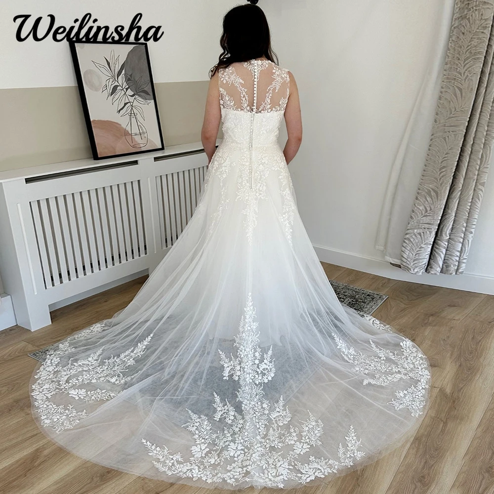 Weilinsha Appliques Tulle Wedding Dress 2024 Woman V Neck Sleeveless Lace Civil Bridal Gown A Line Chapel Train Vestido De Novia