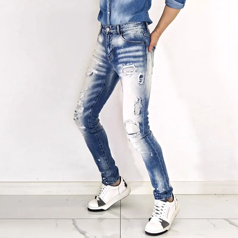 Fashionable new men's jeans washed and worn vintage elastic slim fit blue pants hip-hop brand pants Y2K