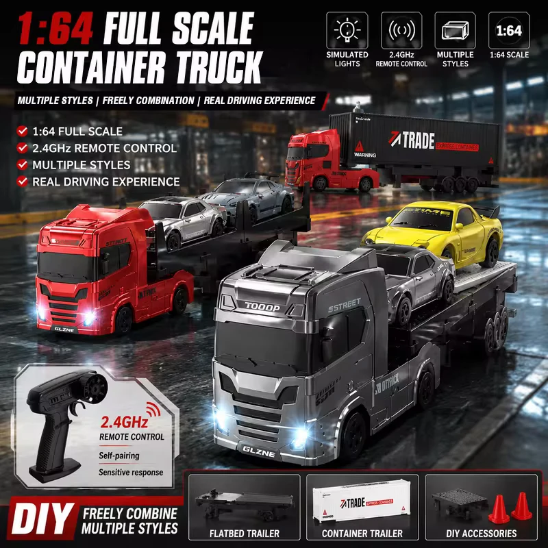 1/64 RC Drift High Speed Trailer Truck With Container App Remote Control DIY Flatbed Cargo Container Lights Kids Toys Boy Gifts