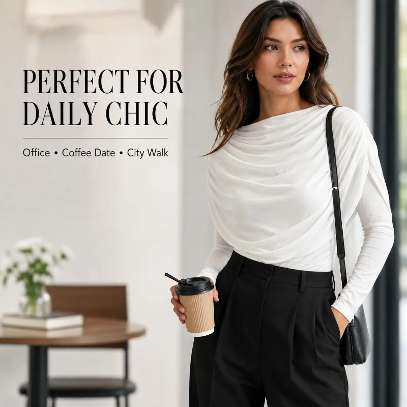 Women Draped Cowl Neck Mesh Top Ruched Long Sleeve Slim Fit Blouse Elegant Sheer Going Out Shirt for Party Office Fall