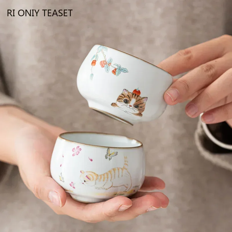 Chinese Ru Kiln Ceramic Teacup Travel Meditation Cup Handmade Cute Cat Pattern Tea Bowl Personal Pu'er Master Cup Tea Set 110ml