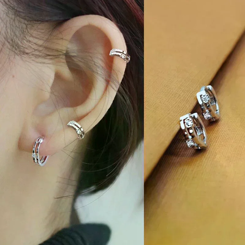 1Pair Fashion Simple Small Hoop Earrings For Women Men Shiny Zircon Round Circle Ear Bone Nail Ear Piercing Jewelry