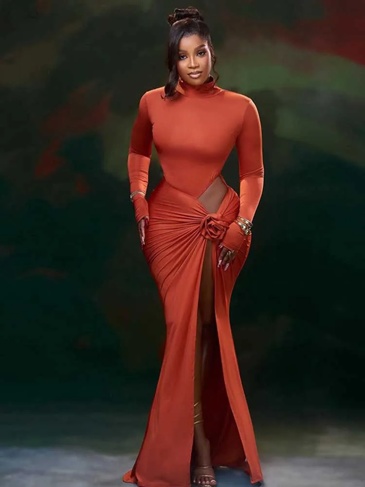 Vrouw lange mouw herfst kleding jurk mid-coltrui effen kleur elegante chique bodycon jurk uitgesneden taille sexy strakke jurk deel