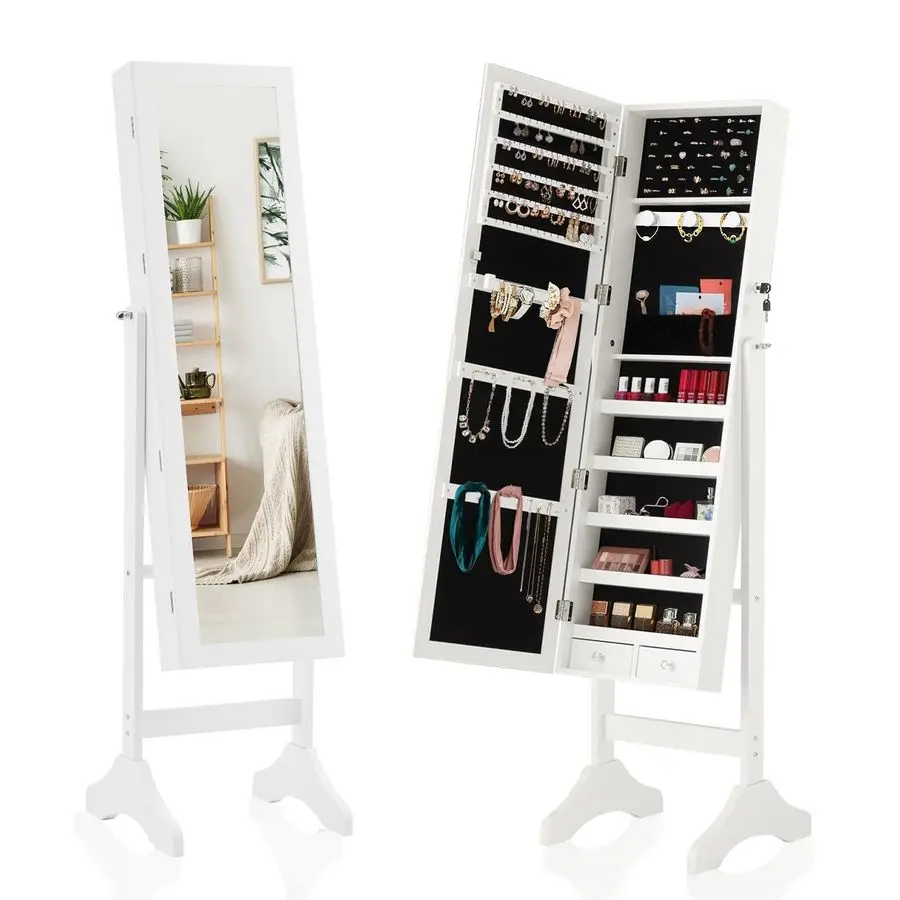 Freestanding Jewelry Armoire Cabinet, 47.3Inch Full Length Jewelry Organizer Standing Mirror, Tall Lockable Large Capacity Make