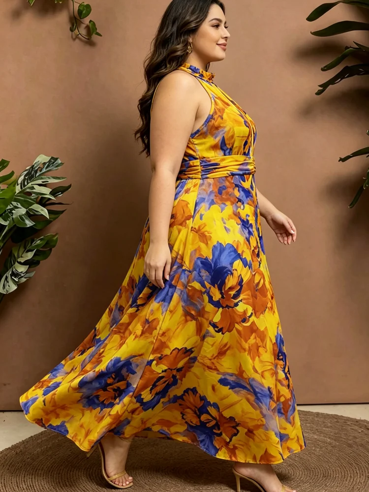 Plus-Size Damenkleid mit Print, schulterfrei, ärmellos, mit plissierter Taille und Schlitz, langes Kleid für Sommer-Strandpartys – Detail 4