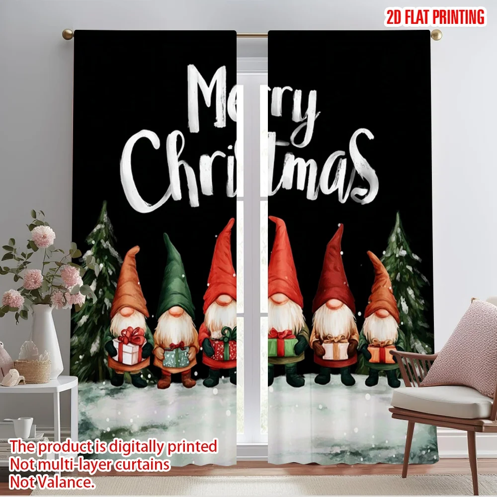 2pcs,2D plane printing Window Curtain Merry Christmas Beautiful Christmas Dwarves Polyester Fabric (without rod) Decorations For