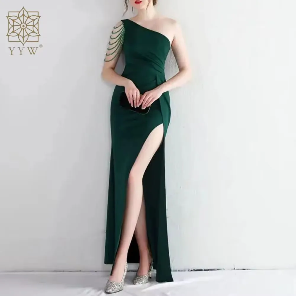 2022 Mermaid Long Evening Dress High Slit Vestido De Noche Vintage Beading Evening Dresses Asymmetric Sleeves Green Party Gown